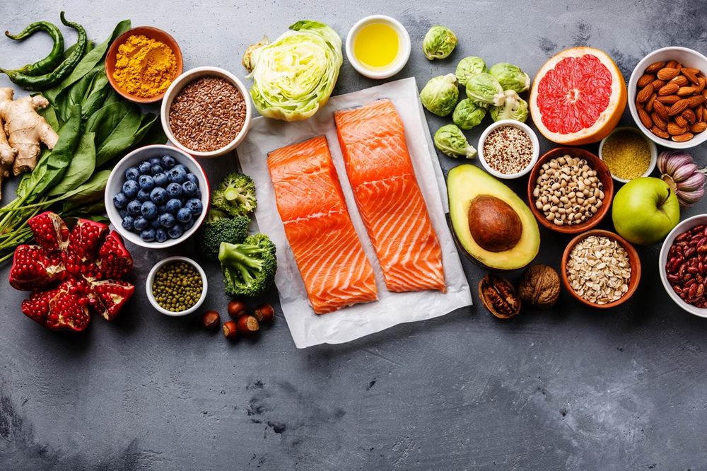omega rich foods including fish, fruit and veg